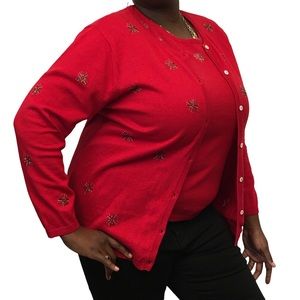 Quacker Factory Red Snowflake Cardigan Two Piece Sweater Set Size Large